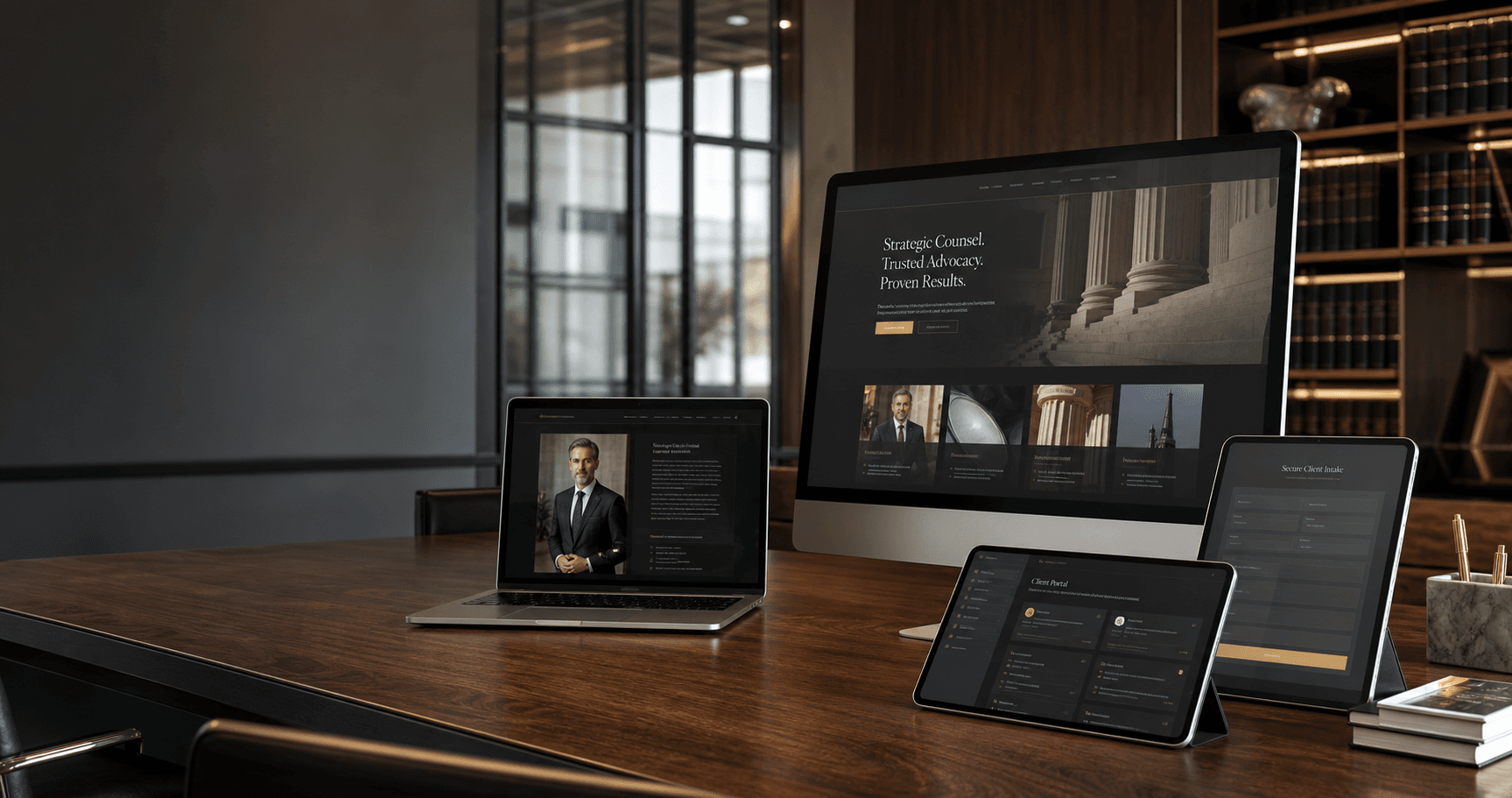 Luxury law firm website designs displayed across desktop, laptop, and tablet screens