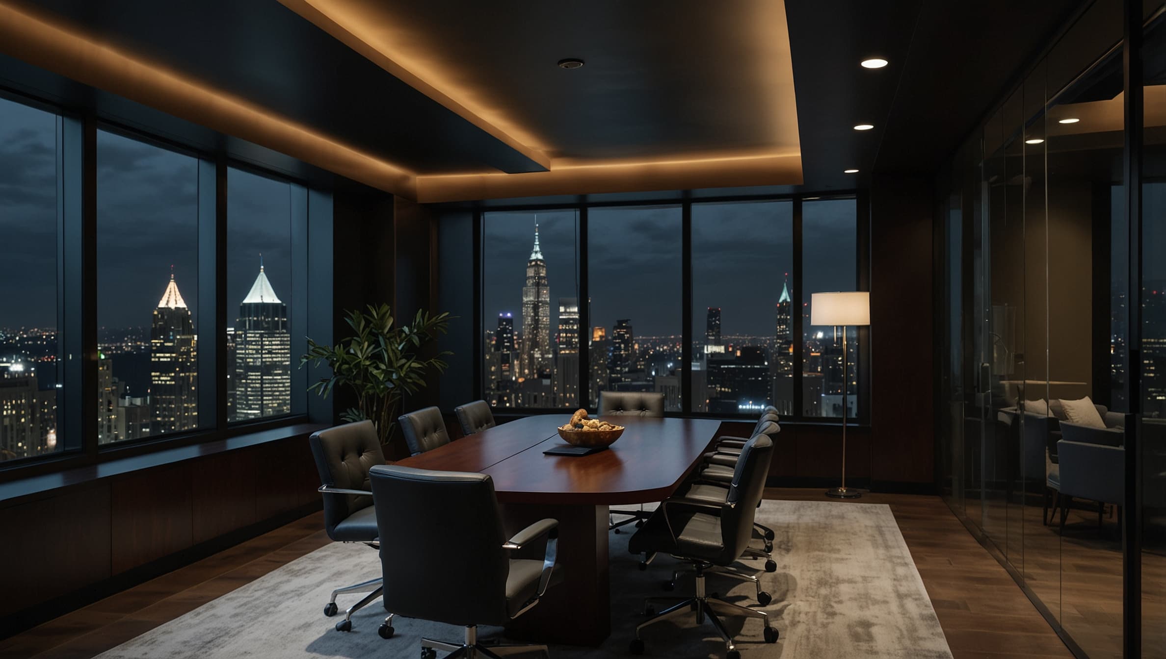 Premium law firm conference room with city skyline — the caliber of presence BuildNGoLaw builds for